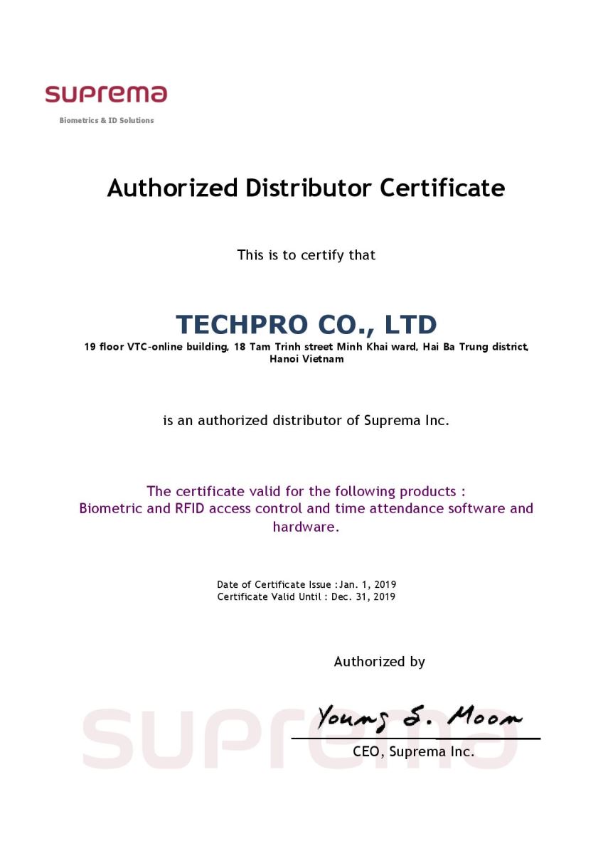 Giấy chứng nhận TECHPRO là diện uỷ quyền thương hiệu SUPREMA tại Việt Nam